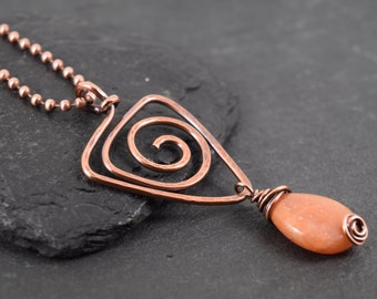 Spiral Triangle Design Copper Pendant on a Copper Ball Chain |Geometric Design | Red Aventurine Drop Bead | Patinated Copper Necklace