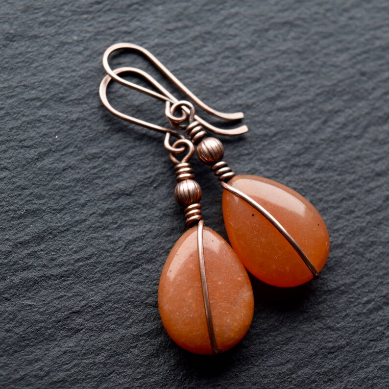 Red Aventurine Long Drop Beads, Wire Wrapped, Long Beaded Earrings, Oxidised Copper Earrings image 2