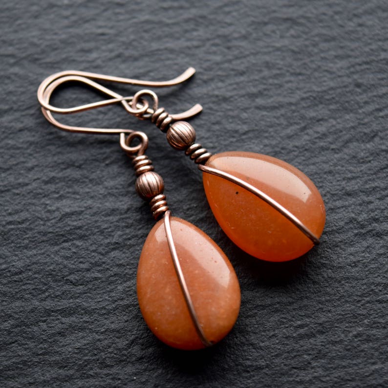 Red Aventurine Long Drop Beads, Wire Wrapped, Long Beaded Earrings, Oxidised Copper Earrings image 1