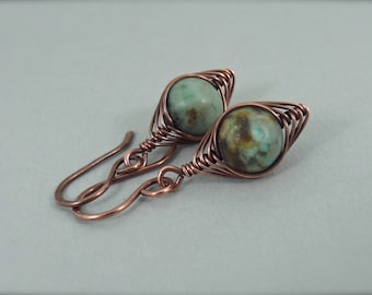 Antiqued Copper Earrings, African Turquoise Beads, Wire Wrapped, Beaded Earrings, Handmade Earrings, Copper Dangle Earrings, Rustic Earrings