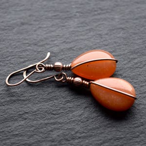 Red Aventurine Long Drop Beads, Wire Wrapped, Long Beaded Earrings, Oxidised Copper Earrings image 3