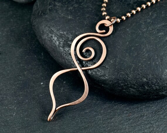 Copper Wire Wrap Spiral Necklace Teardrop Pendant Long Necklace