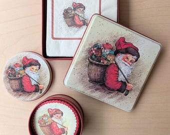 Vintage Potpourri Press 1980s Christmas Hostess Set Decorative Tins With Napkins and Coasters - Nostalgic Santa Claus