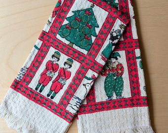 Vintage Homespun Hearth Christmas Kitchen Towels, Pair of Fringed Waffle Cotton Twelve Days of Christmas Theme