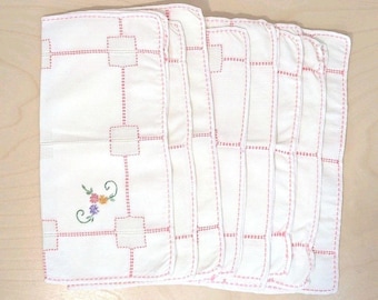 8 Vintage Napkins 12 Inch Square Embroidered Pink Flowers White Fabric