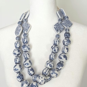 Vintage Chinese Blue and White Porcelain Export Bead Double Stranded Necklace