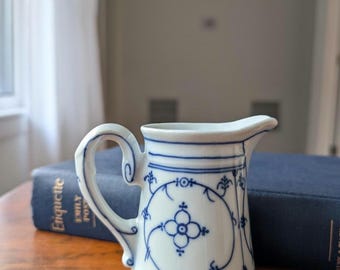 Vintage Blue and White Strawflower Porcelain Creamer - Blau Saks Pattern German Blue Onion Style Small Milk Pitcher
