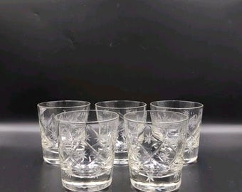 Set Of 5 Mid Century Modern Atomic Star Burst Etched Glasses Low Ball Rocks MCM
