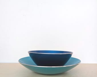 Vintage Emalox Norway Aluminum Enamelware Blue Bowls