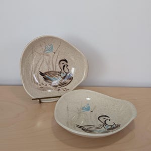 May include: Two beige, speckled ceramic bowls with a duck design. The ducks are brown, black, and blue. The bowls have a unique shape and are likely vintage or retro. The background features tall grass and a blue flower.