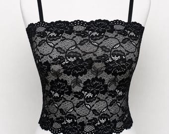 Black see through elastic floral lace tank top camisole
