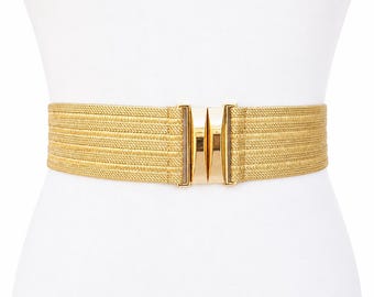 Cinturón elástico de color dorado metalizado - Textura a rayas, cierre dorado brillante
