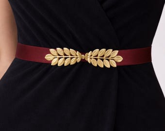 Burgundy bridal elastic Gold leaf wedding dress belt