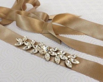 Gold bridal sparkly Swarovski crystals wedding dress sash belt