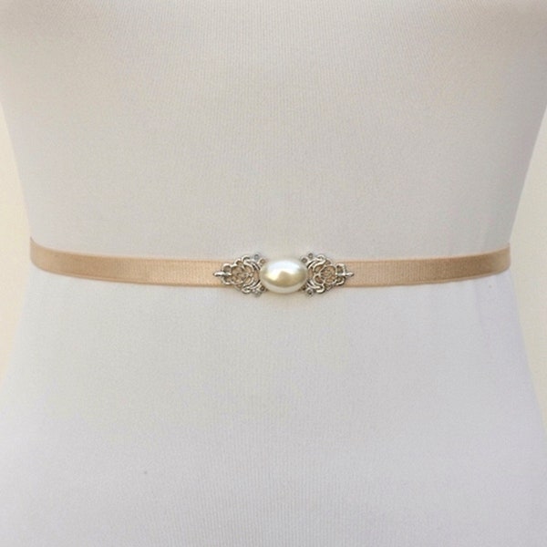 Champagne bridal thin elastic Silver jeweled pearl wedding dress belt