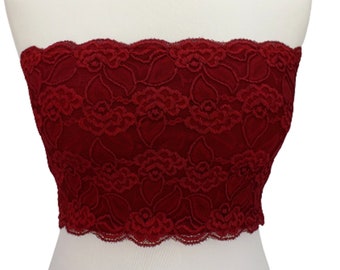 Top a fascia in pizzo elastico foderato bordeaux, reggiseno senza spalline