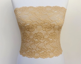Gold see through elastic lace tube top strapless