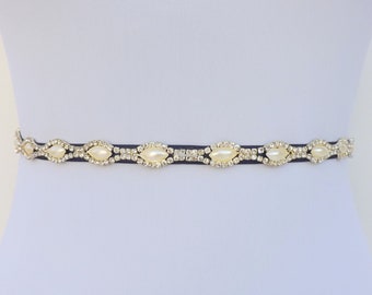 Navy blue thin elastic Sparkly silver jeweled pearly dress belt