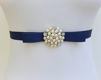 Navy blue bridal elastic bow belt, Ivory pearls jeweled wedding dress belt