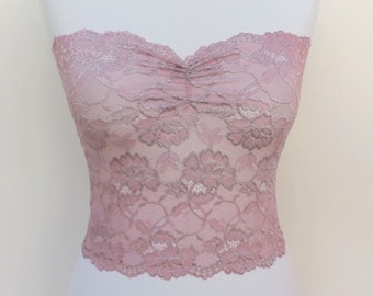 Antique pink see through elastic lace tube top strapless