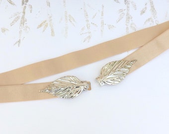 Women's champagne elastic Silver leaf waist dress belt