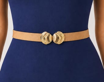 Women's Gold Elastic Waist Belt with Gold Seashells Clasp