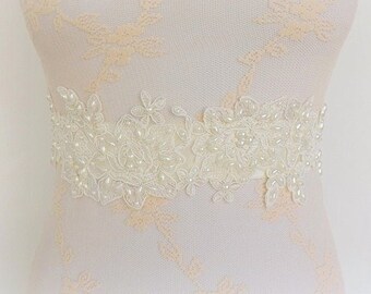 Ivory bridal wide beaded floral lace and pearls wedding dress sash belt