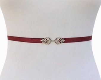 Burgundy thin elastic Silver jeweled dress belt