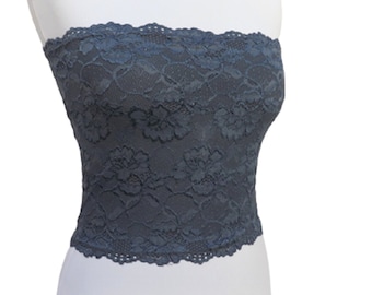 Dark gray lined elastic lace tube top strapless