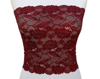 Burgundy see through elastic lace tube top strapless