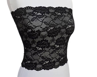Black see through elastic lace tube top strapless