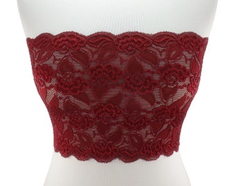 Burgundy see through elastic lace bandeau top strapless