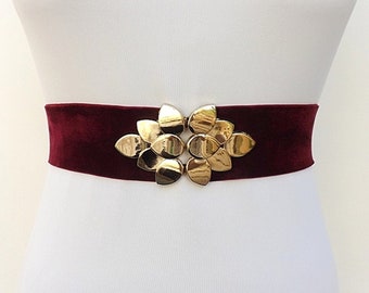 Burgundy wide elastic velvet waist belt, Gold leaf dress belt