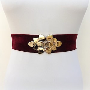 Burgundy wide elastic velvet waist belt, Gold leaf dress belt Burgundy