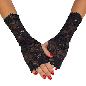 Black floral elastic lace fingerless gloves