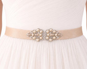 Champagne bridal elastic waist belt, Silver jeweled pearl wedding dress sash