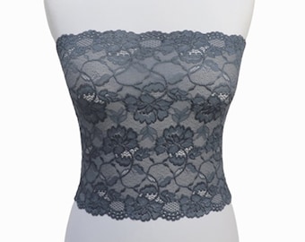 Dark gray see through elastic lace tube top strapless