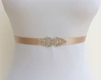 Champagne bridal elastic Silver jeweled wedding dress belt