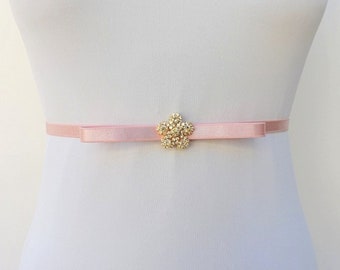 Antique pink thin elastic bow belt, Sparkly flower wedding dress belt