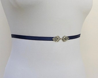 Navy blue thin elastic waist belt, Silver jeweled dress belt