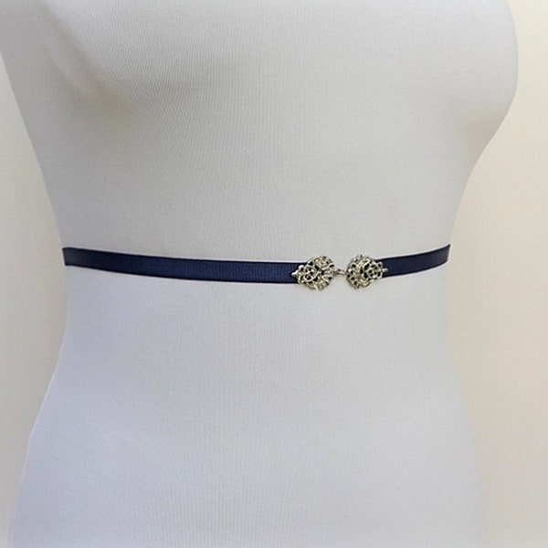 Navy blue thin elastic waist belt, Silver jeweled dress belt