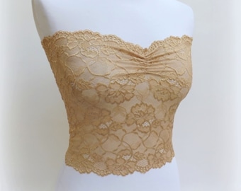 Gold see through elastic lace tube top strapless