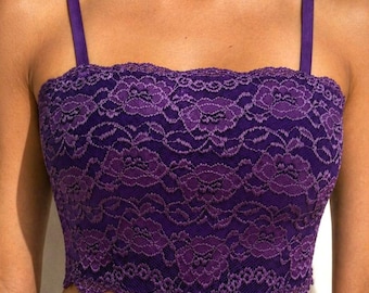 Purple lined floral elastic lace bralette cropped cami with adjustable straps