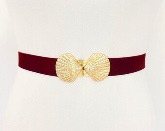 Burgundy velvet elastic waist belt with gold seashells clasp