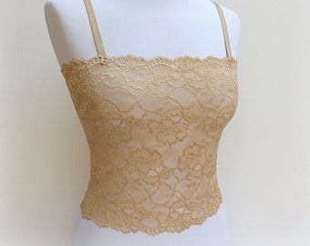 Gold sheer elastic lace tank top, See through camisole