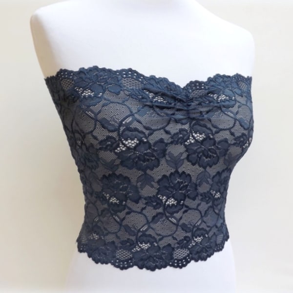 Navy blue see through elastic lace tube top strapless