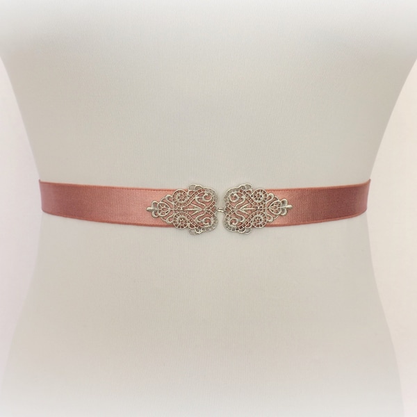 Antique pink bridal elastic waist belt, Silver jeweled wedding dress belt