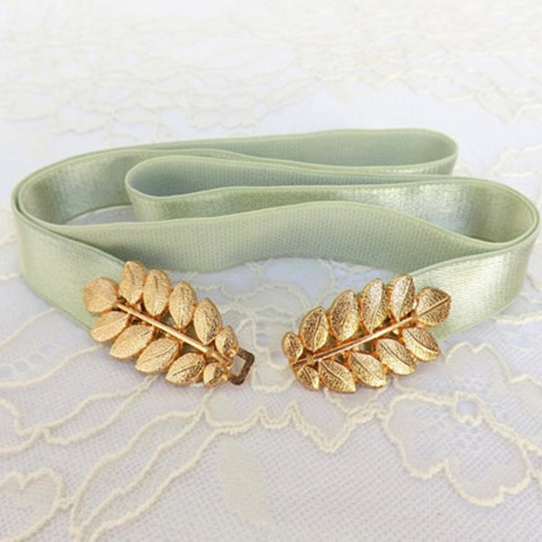 Mint green elastic waist belt, Gold leaf dress belt