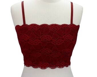 Burgundy lined elastic lace bralette, Cropped cami