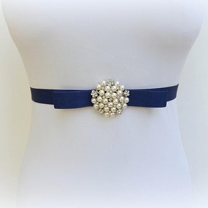 Navy blue bridal elastic bow belt, Ivory pearls jeweled wedding dress belt
